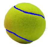 Yellow tennis balls with blue seams 