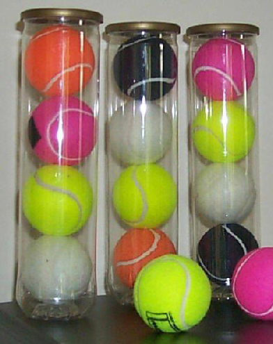  coloured  tennis balls in tubes.mixed colours